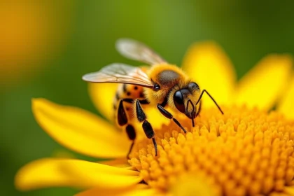 Abeille mellifère couverte de pollen posée sur une fleur de tournesol dans un jardin en été