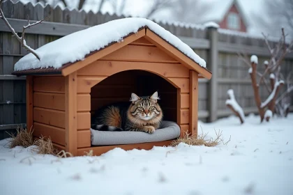 Abri extérieur pour chat en bois de cèdre recouvert de neige avec un chat tigré bien au chaud à l'intérieur en hiver