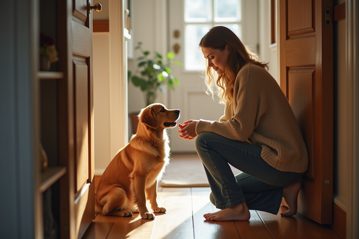 Femme en jean dit au revoir à son chien dans une maison chaleureuse