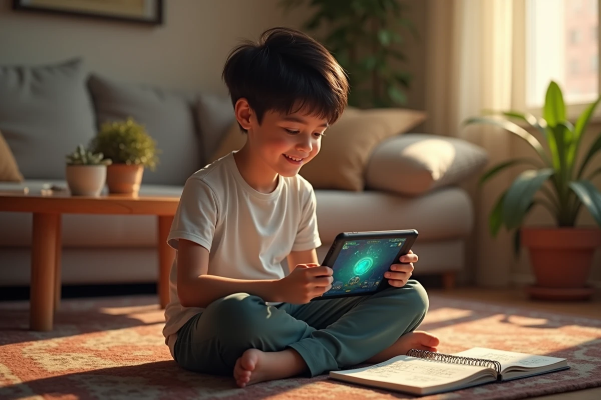 Adolescent jouant à Dofus sur une tablette dans le salon