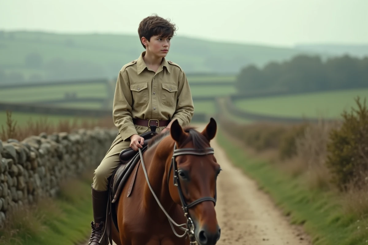 Adolescent à cheval sur un chemin de campagne bordé de murets en pierre, évoquant les grands films d'aventure équestre pour famille