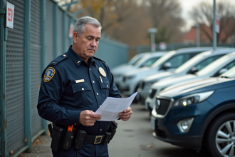 Agent municipal en uniforme vérifiant des papiers devant un parking