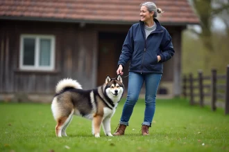 Jeune Akita Inu bleu brindle avec une femme dans un cadre rural