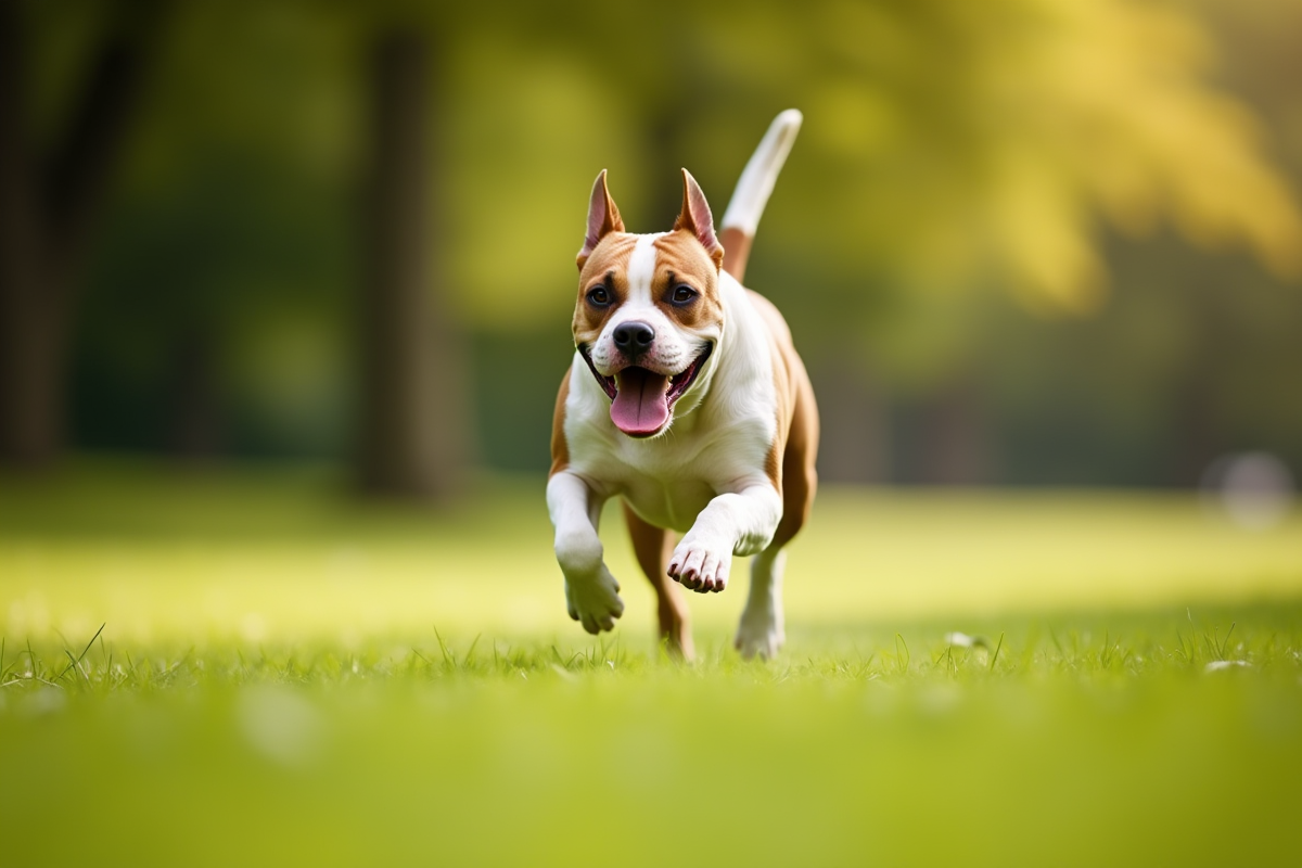 American Bulldog courant dans un parc ensoleille