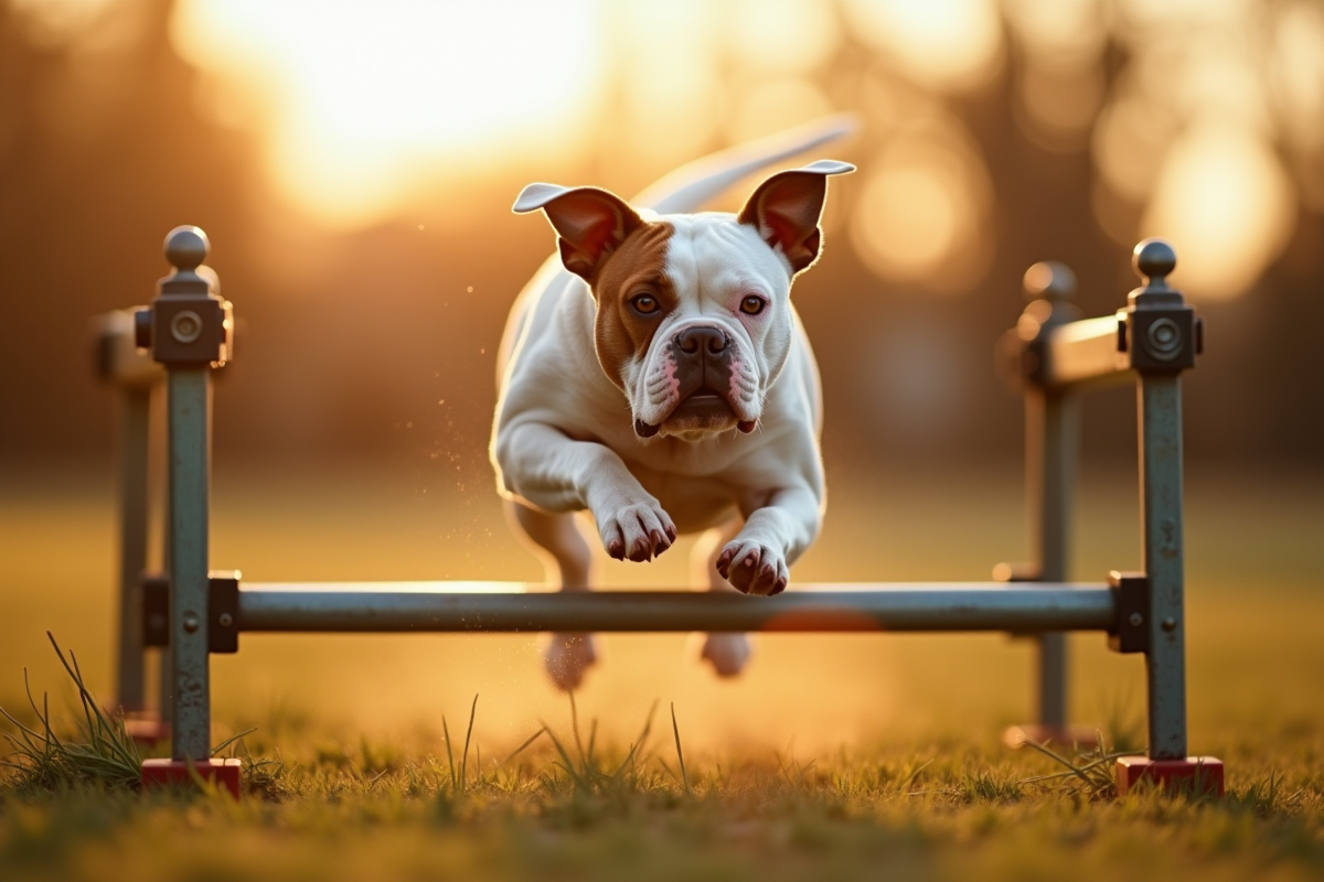 American Bulldog sautant un obstacle en extérieur