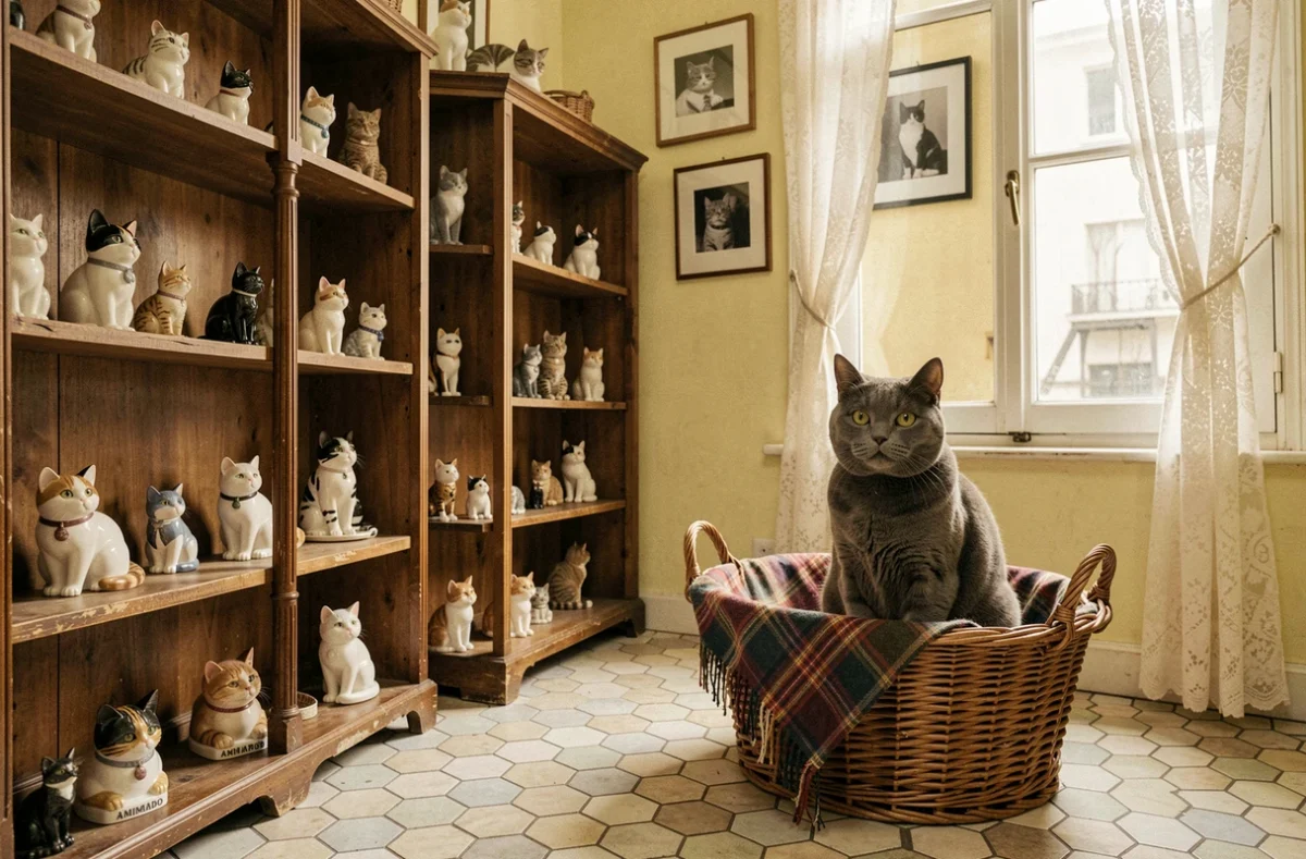 Un chat British Shorthair reposant dans un panier en osier ancien au sein de la pension féline historique Animado à Paris, entouré d'une décoration vintage avec carrelage hexagonal et photos en noir et blanc