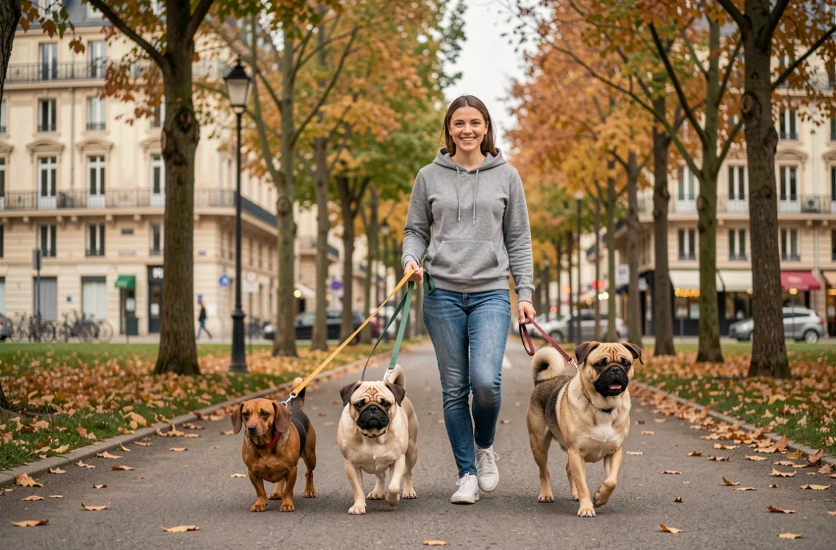 Animaux Services 69 à Lyon, une soignante en sweat gris promène un teckel, un carlin et un chien croisé en laisse dans un parc lyonnais avec des immeubles haussmanniens en arrière-plan