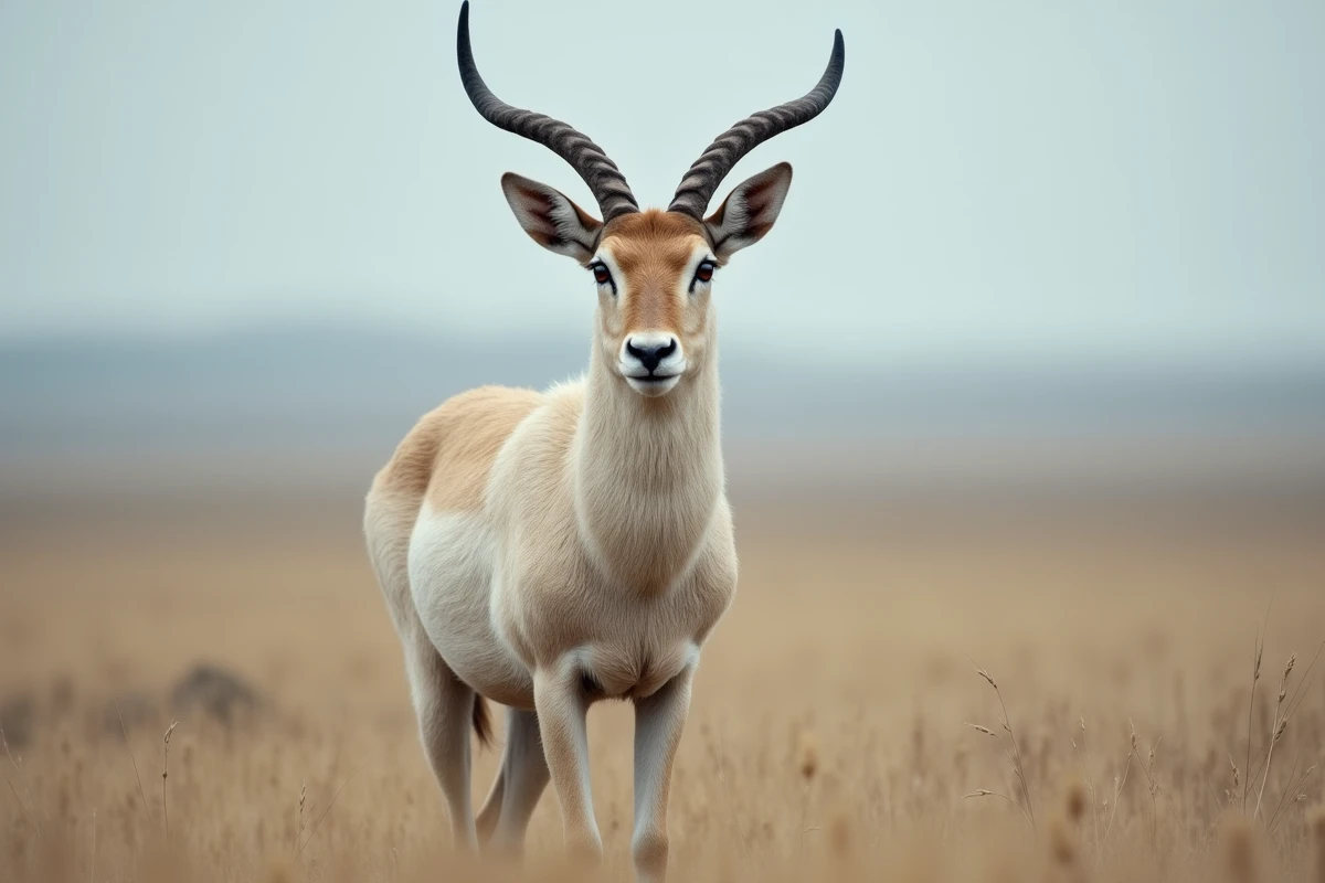 Antilope saïga au museau bulbeux caractéristique sur la steppe kazakhe, espèce rare et menacée d'extinction