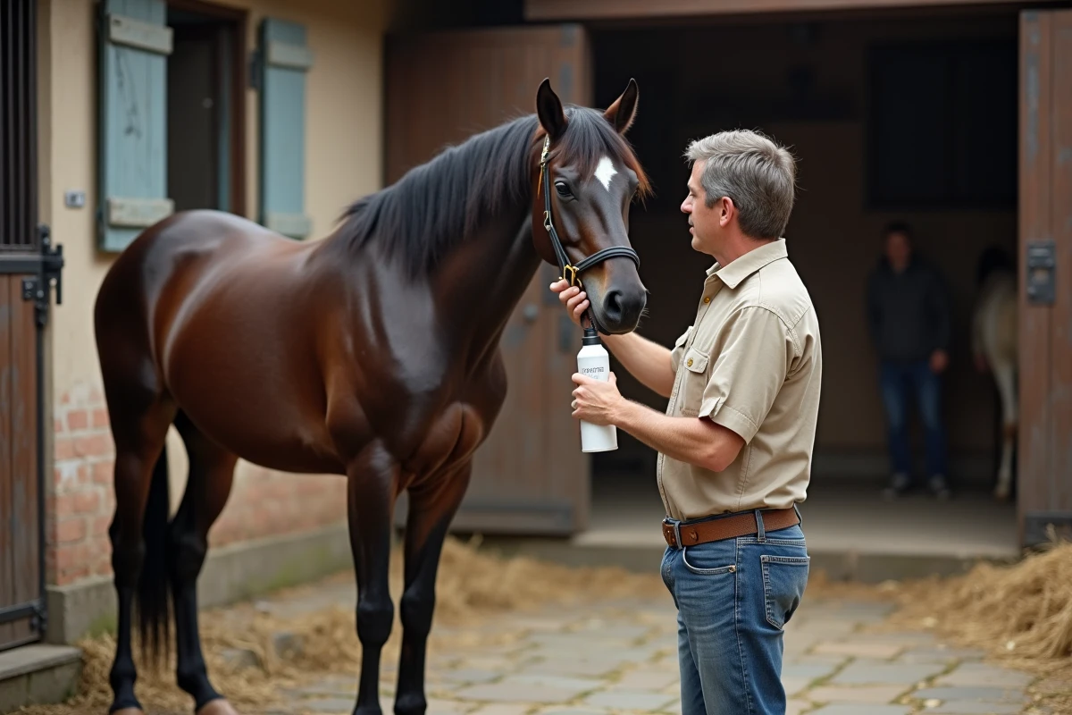 Propriétaire appliquant incorrectement un répulsif anti-mouches sur son cheval en écurie