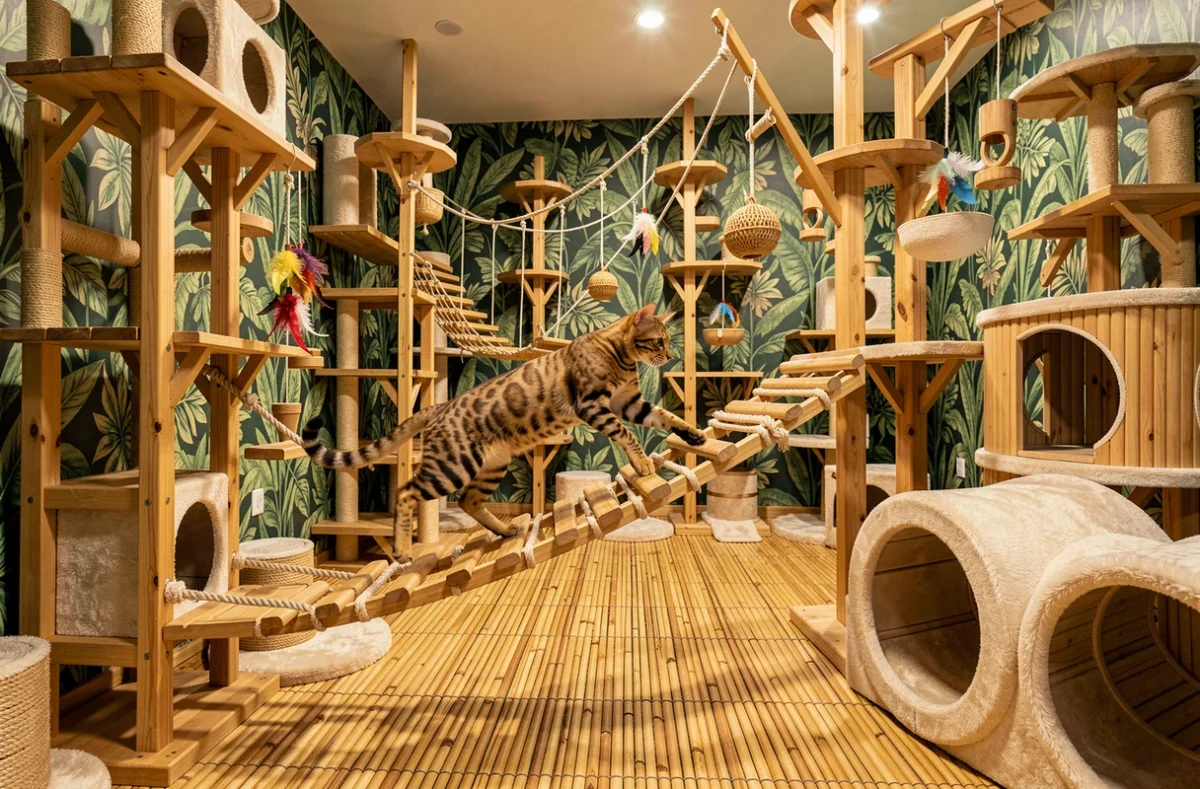 Un jeune chat Bengal en plein saut entre deux plateformes dans la pension spécialisée Arbre À Chats, entourée de structures d'enrichissement en bois, de ponts de corde et de jouets suspendus
