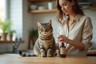 Femme préparant une dose d'argent colloïdal avec un compte-gouttes pour son chat tigré dans une cuisine moderne