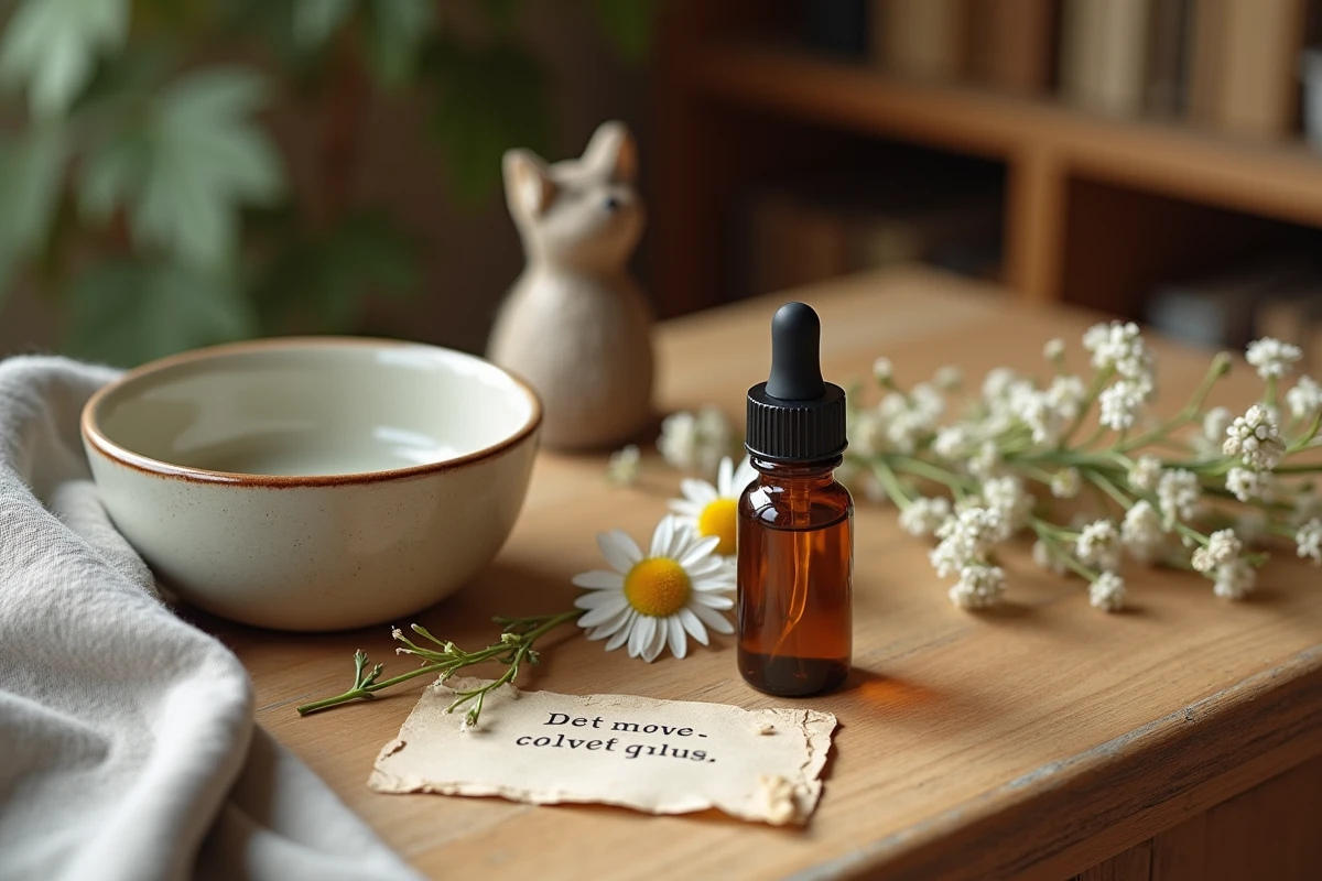 Bouteille d'argent colloïdal, bol pour chat et note de posologie posés sur une table en bois rustique pour un soin préventif naturel