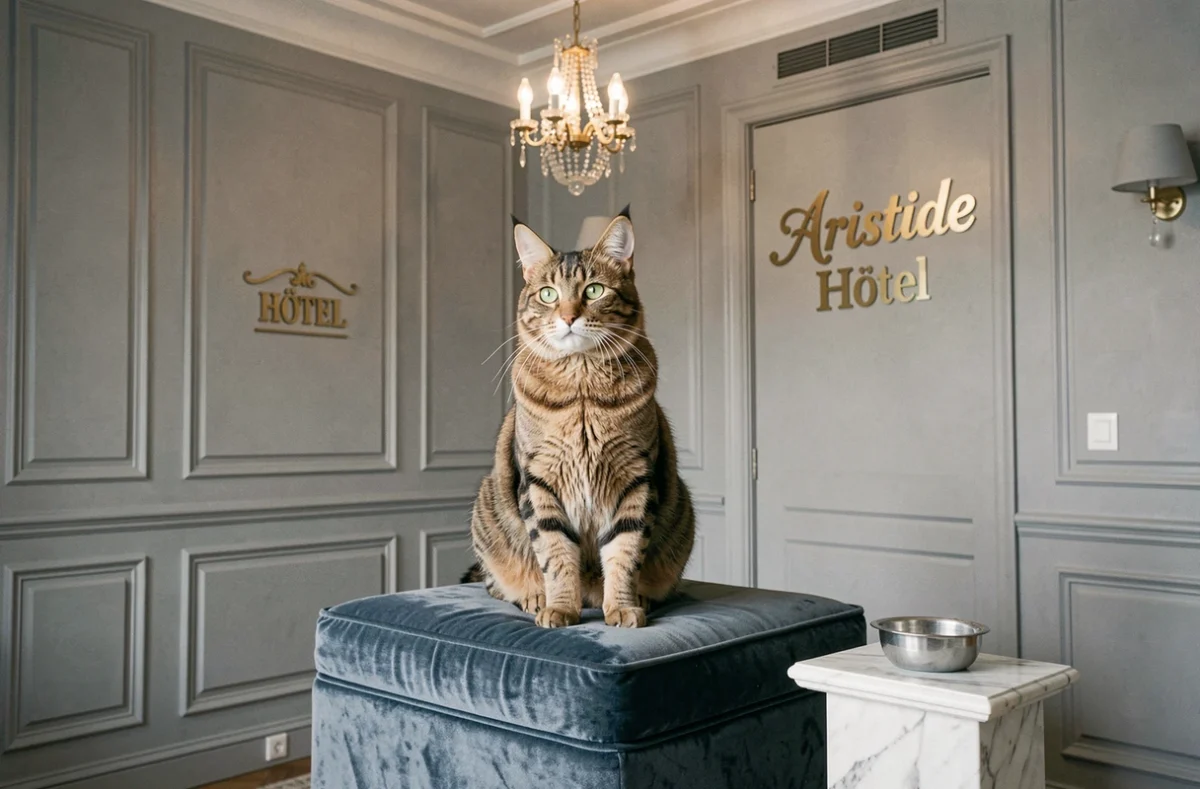 Un majestueux Maine Coon posé sur une plateforme en velours dans la suite de l'Aristide Hôtel pour chats à Paris intra-muros, avec moulures haussmanniennes et décoration raffinée