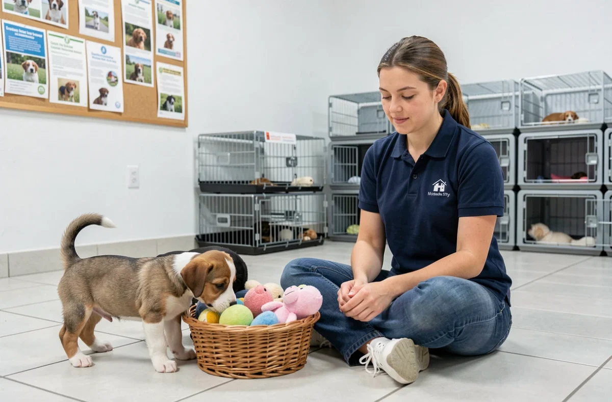 Bénévole d'une association de protection animale en Gironde présentant des chiots à adopter dans un refuge