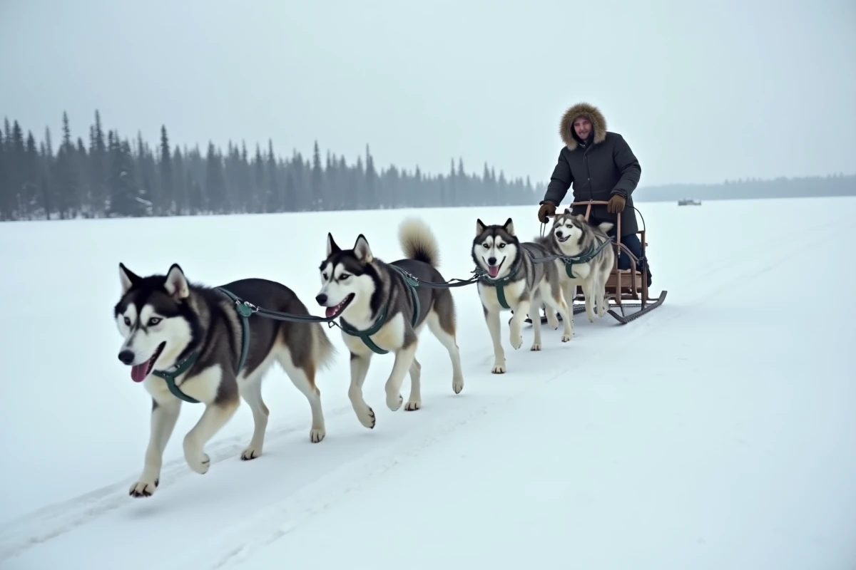 Attelage de quatre Huskies sibériens en plein effort sur une piste enneigée avec un musher, illustrant le travail traditionnel de la race