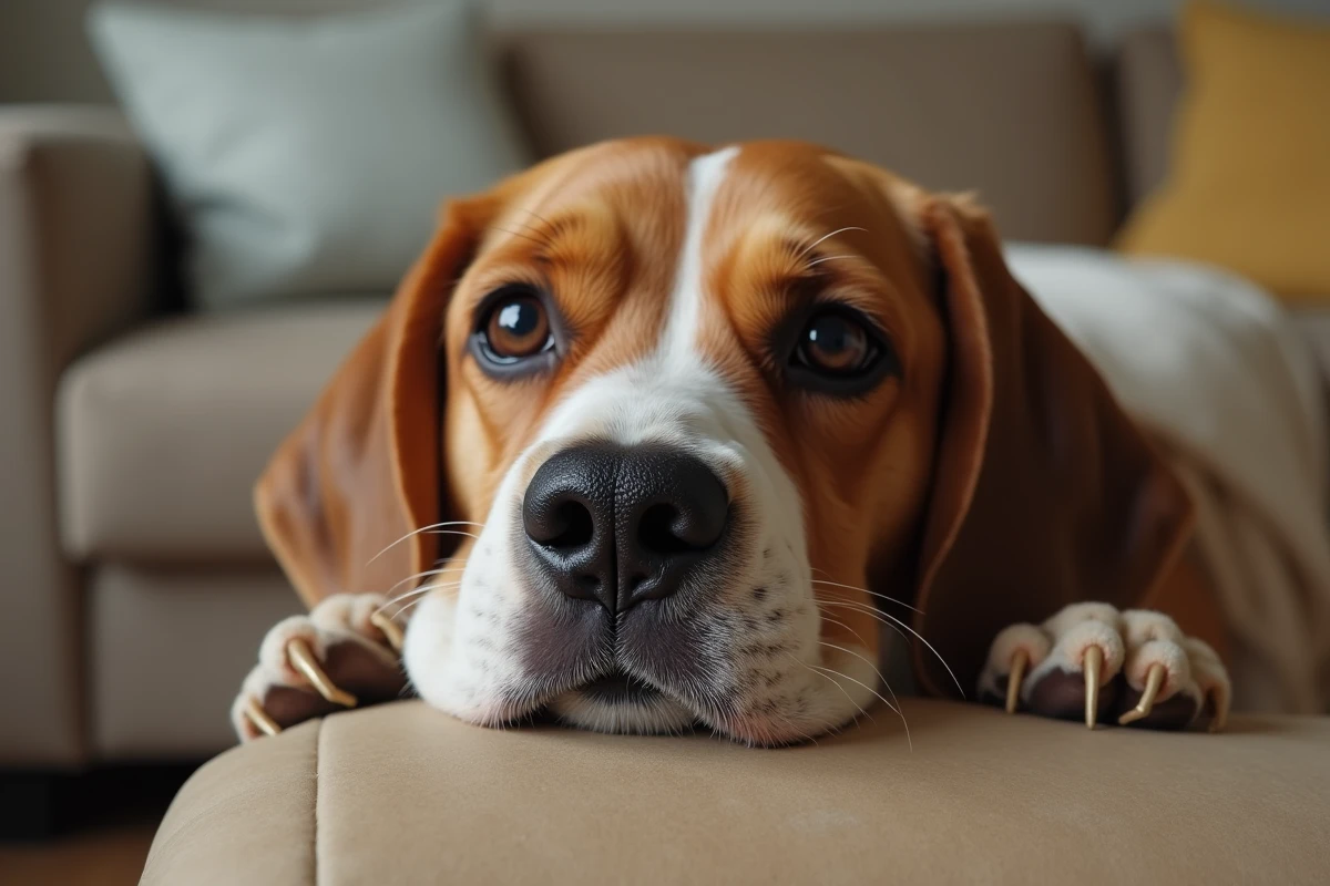 Beagle fatigué et abattu appuyé sur un canapé, symptôme de vomissements répétés chez le chien