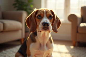 Beagle assis dans un salon ensoleille avec lumiere naturelle