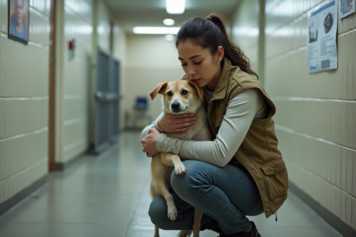 Bénévole de refuge tenant affectueusement dans ses bras un chien au physique atypique dans un couloir de chenil