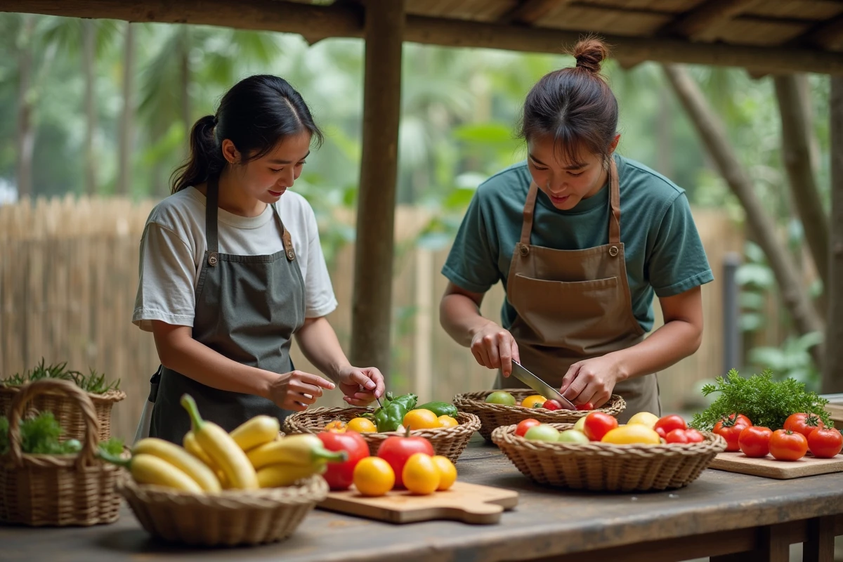 Bénévoles d'un refuge animal préparant des plateaux d'enrichissement alimentaire pour des primates en soin