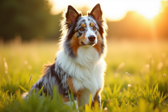 Chien berger australien merle assis dans un champ ensoleille