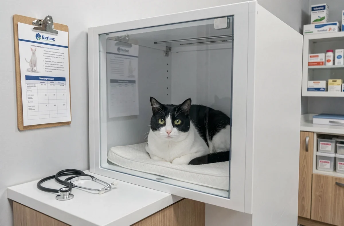 Un chat tuxedo en noir et blanc reposant dans son module d'hébergement à la pension Berlioz, avec un suivi vétérinaire visible sur le mur et un matériel de soins organisé en arrière-plan