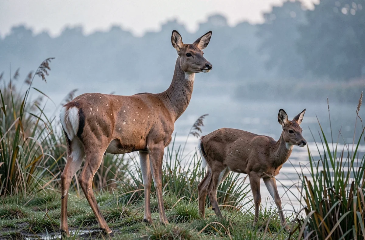 Biche et chevrette femelles comparées au bord d'une rivière brumeuse à l'aube, guide d'identification naturaliste des cervidés