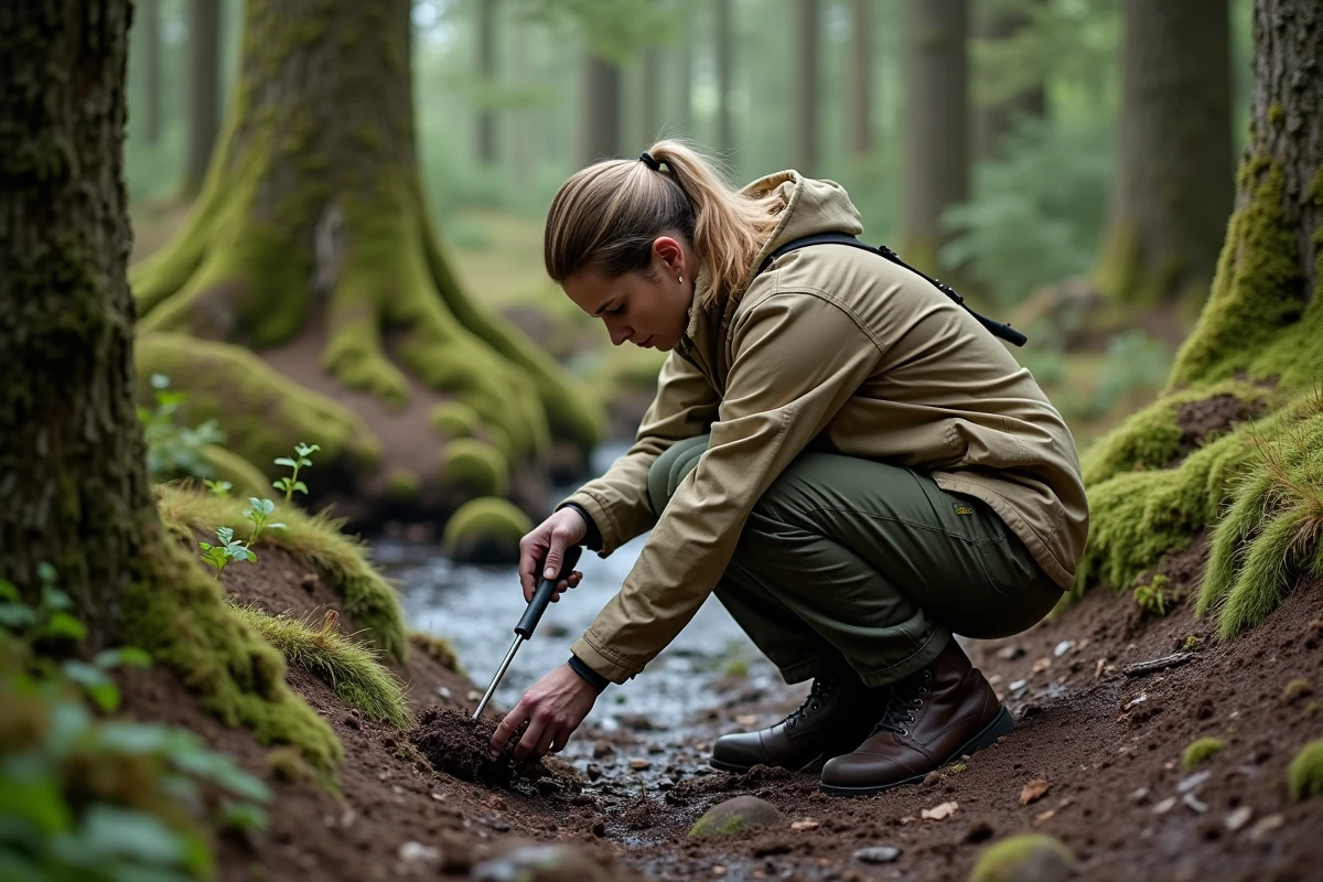 Biologiste de terrain analysant des indices de présence de sanglier en forêt tempérée européenne