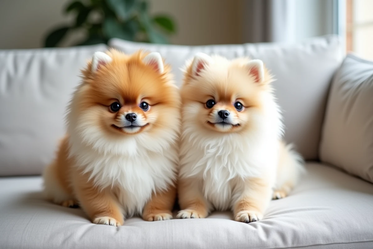 Chien Boo adulte et chiot Boo côte à côte sur un canapé en lin dans un salon moderne