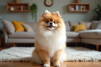 Chien Boo adulte au pelage doré assis dans un salon familial chaleureux