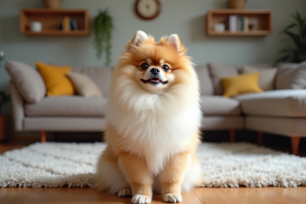 Chien Boo adulte au pelage doré assis dans un salon familial chaleureux