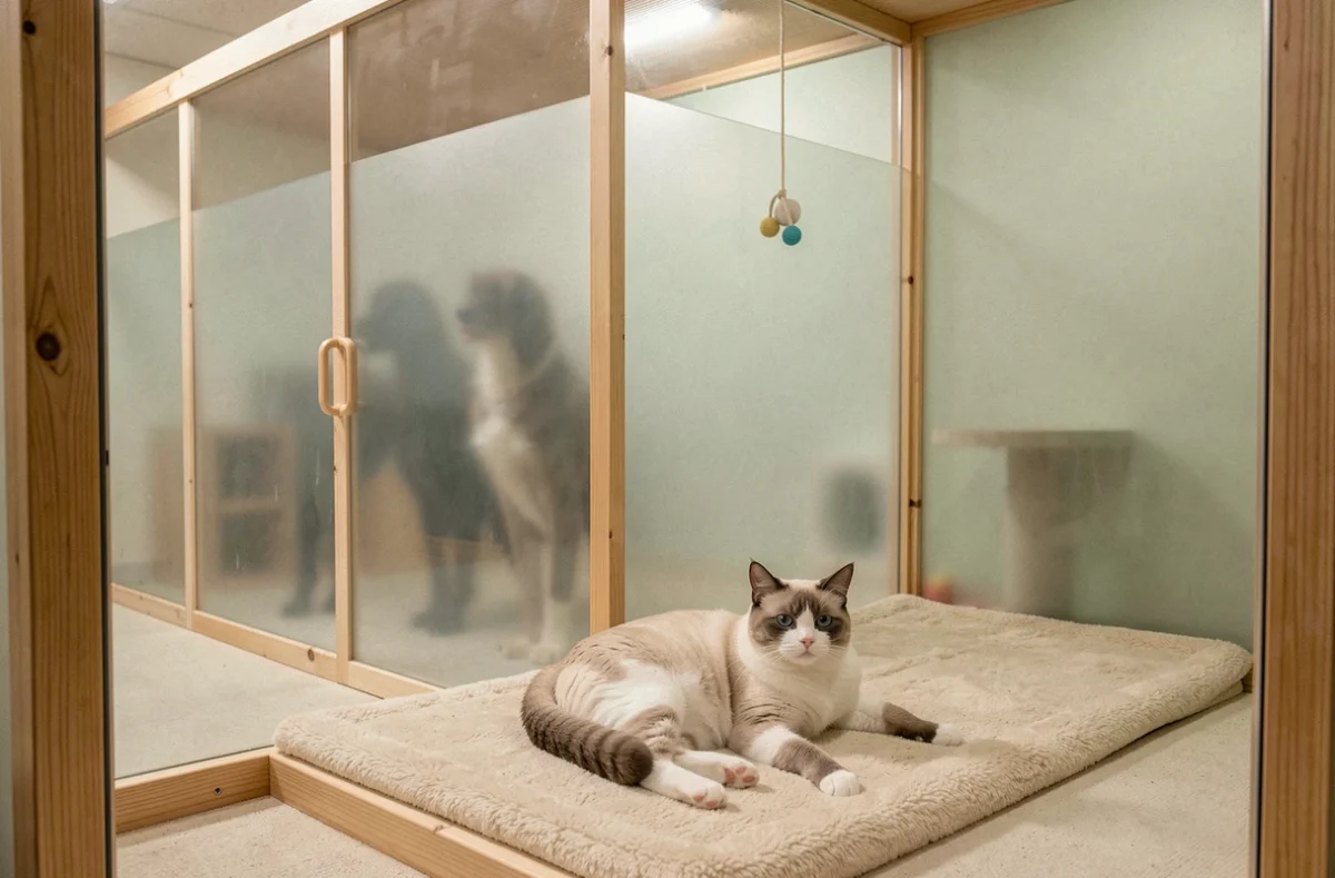 Un chat Ragdoll étiré sur un tapis moelleux dans la section féline dédiée de la pension mixte Caniminet, séparée de la zone canine par une cloison en verre dépoli