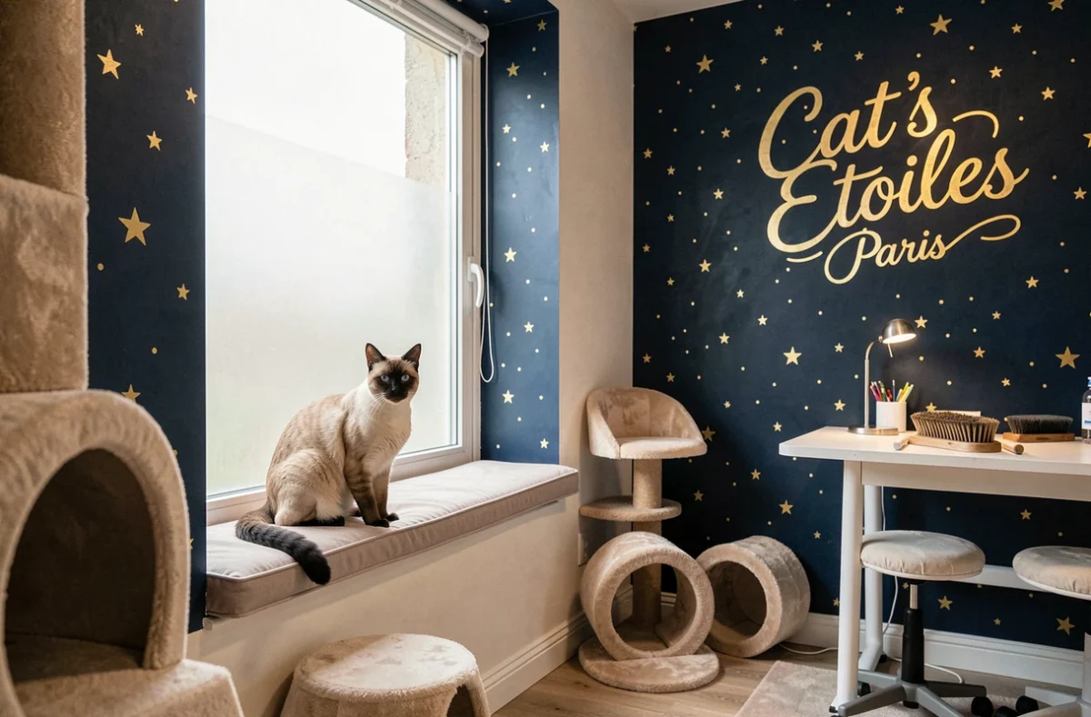 Un chat siamois regardant par la fenêtre de la garderie féline premium Cat's Etoiles Paris, avec une décoration murale étoilée bleu nuit et dorée et un espace de toilettage visible