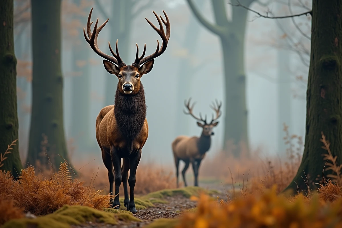Cerf élaphe bramant en lisière de forêt brumeuse en automne, entouré de fougères dorées