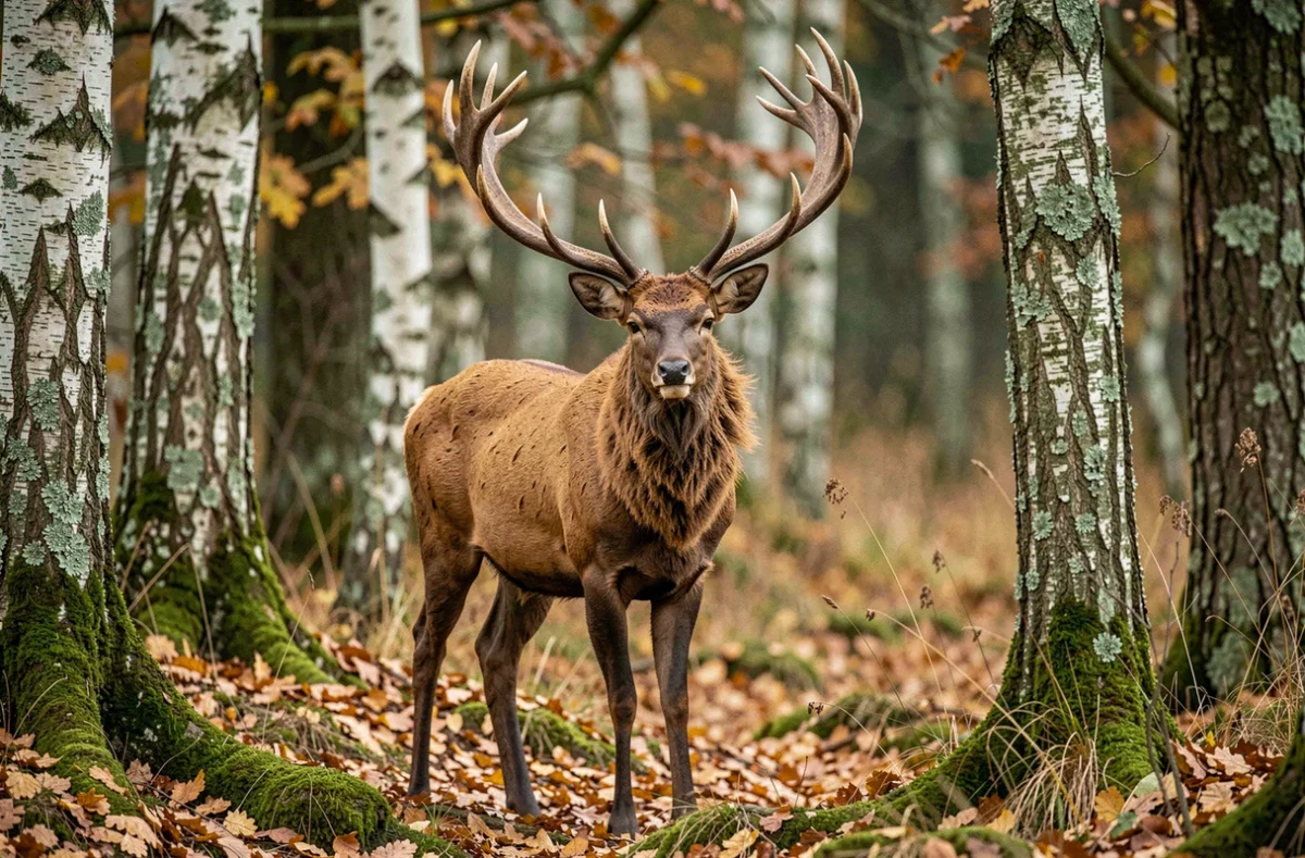 Cerf élaphe mâle adulte avec bois imposants en lisière de forêt de feuillus en automne, illustration naturaliste