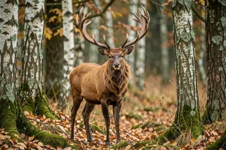 Cerf élaphe mâle adulte avec bois imposants en lisière de forêt de feuillus en automne, illustration naturaliste