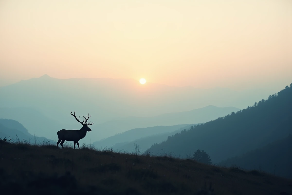 Cerf élaphe en silhouette sur une colline brumeuse à l'aube, vallée boisée en arrière-plan lors de la période du brame