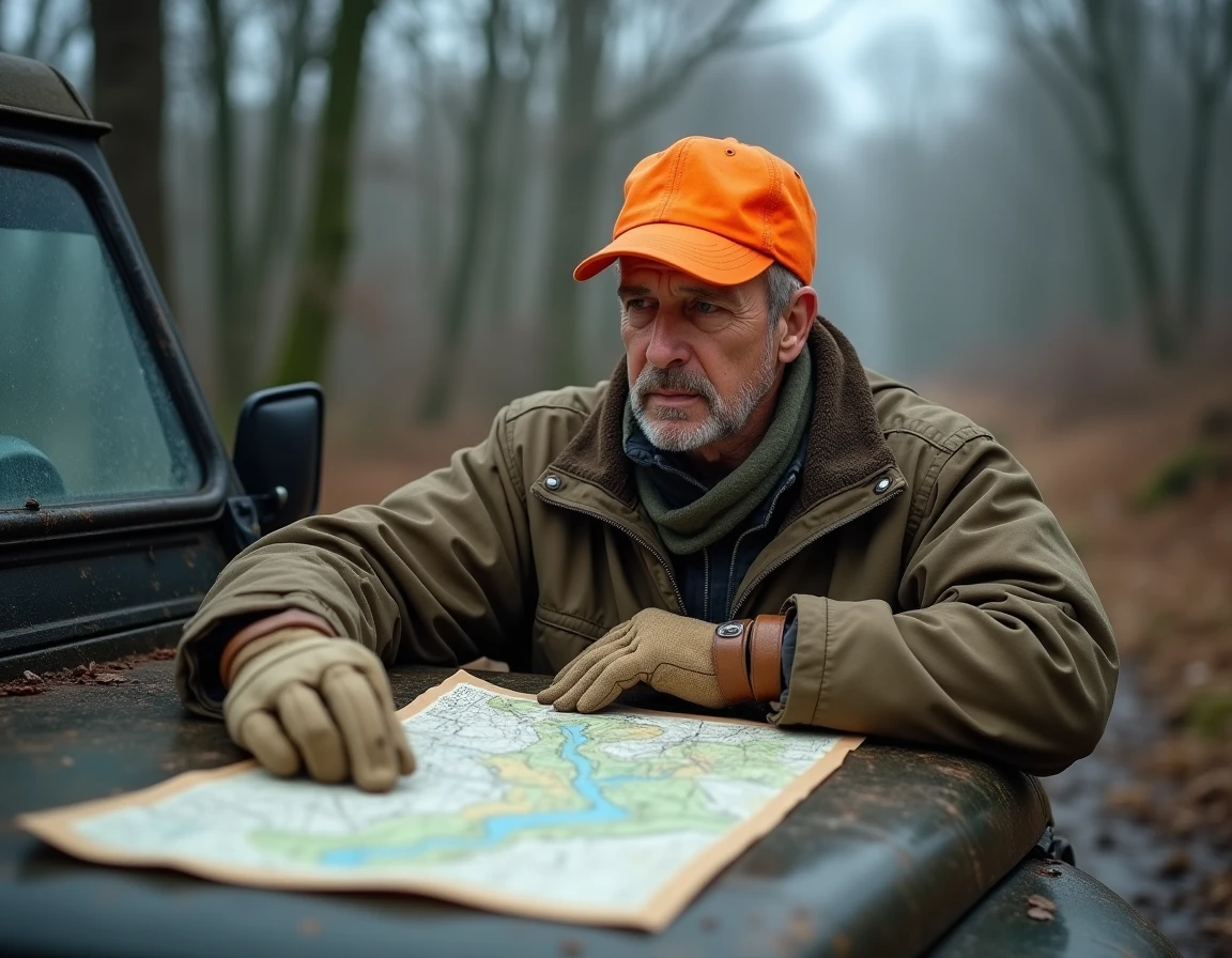 Chasseur expérimenté consultant une carte topographique sur le capot d'un 4x4 en forêt avant une battue au sanglier