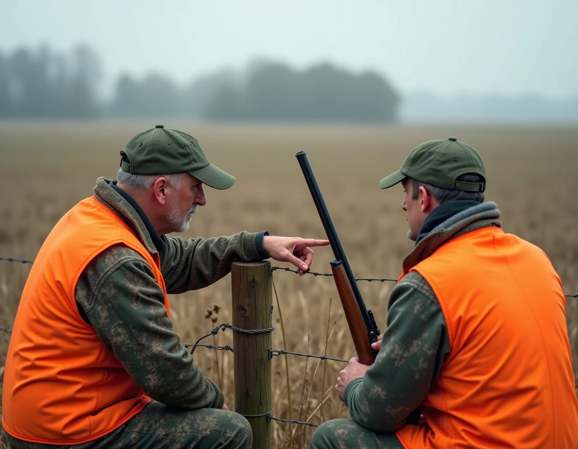 Deux chasseurs en gilets orange de sécurité inspectant le terrain lors d'une partie de chasse au sanglier