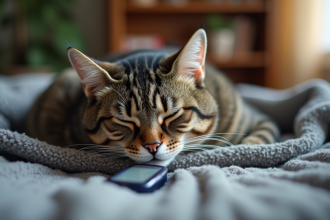 Chat tabby âgé reposant sur une couverture grise