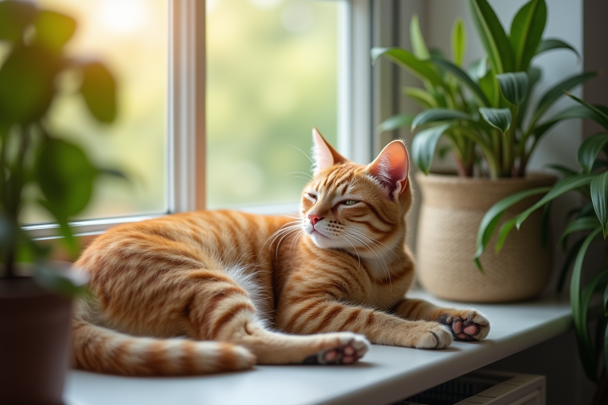 Chat beige se relaxant sur une fenêtre ensoleillée avec plantes