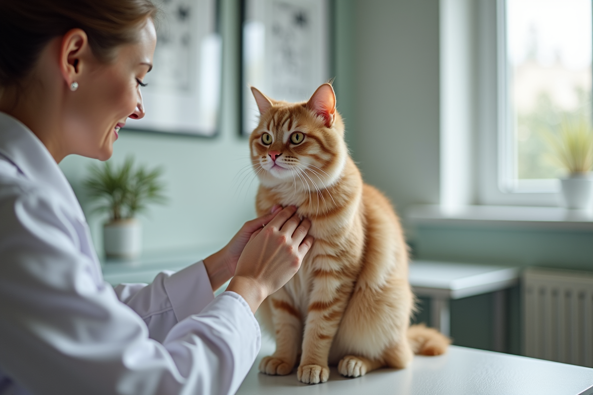 Chat beige lors d'un contrôle vétérinaire dans un cabinet lumineux