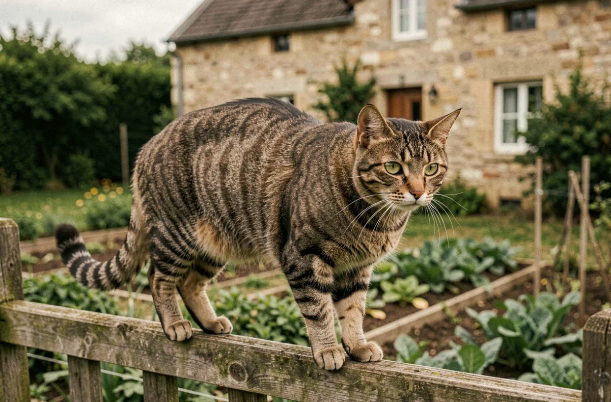 Un chat domestique tigré en posture défensive sur une clôture en bois dans un jardin rural français, l'air méfiant
