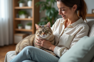 Chat domestique calme avec femme dans un salon chaleureux
