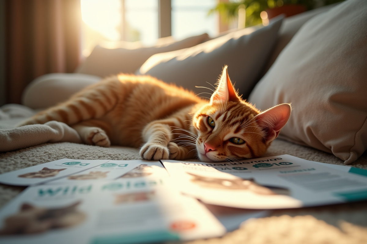 Chat détendu sur un canapé avec brochures santé et assurance