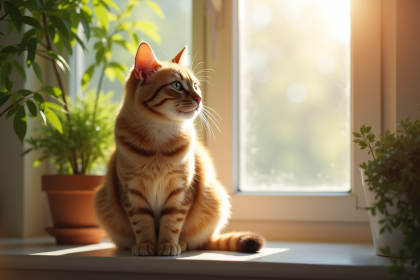 Chat calme sur une fenetre ensoleillee pour article chat bien etre