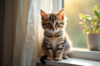 Chat naine assis sur une fenêtre lumineuse en journée