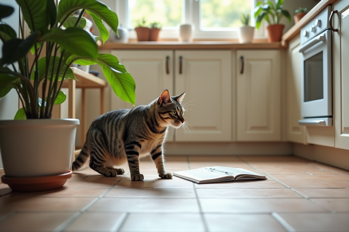 Chat âgé rayé en train de pulvériser près d