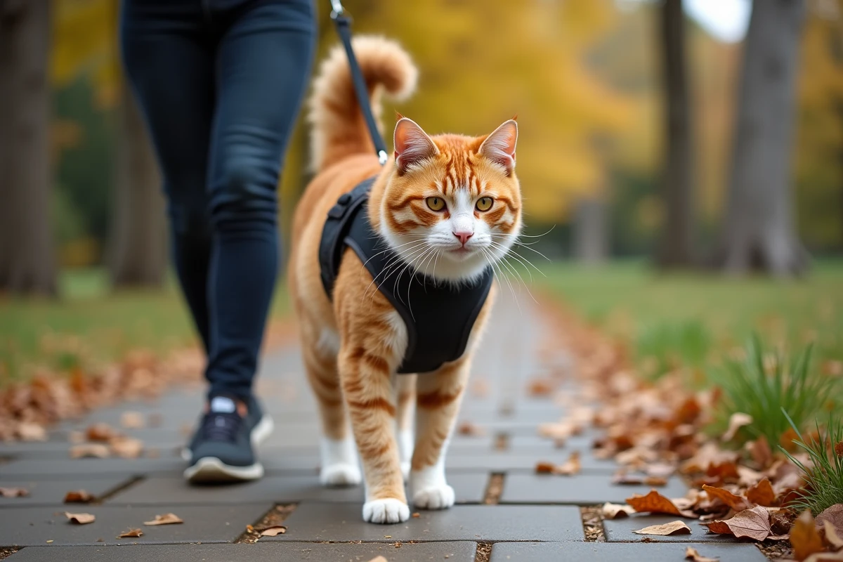 Grand chat roux en harnais anti-évasion promené en laisse sur un chemin de parc en automne