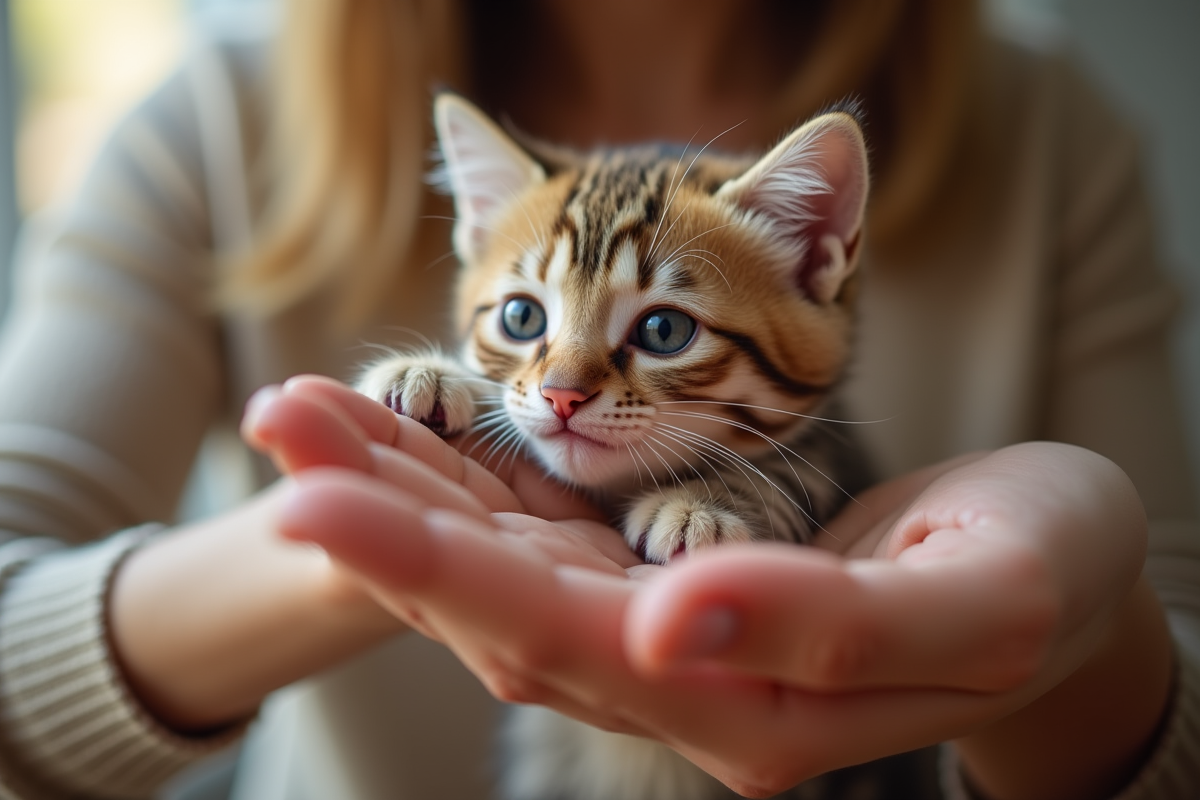 Chat naine jouant avec une main humaine en intérieur