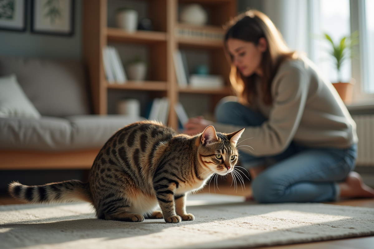 Chat tigré moyen âge urinant dans le salon avec une femme attentive